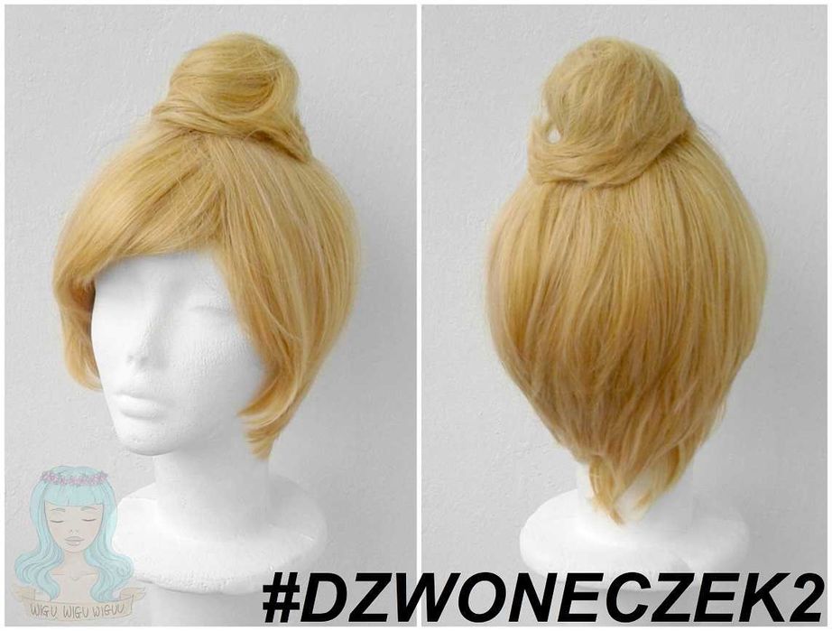 Dzwoneczek Tinkerbell żółta krótka peruka z kokiem koczkiem blond żółty wig krótki dla dziecka na bal przebierańców halloween karnawał zabawę