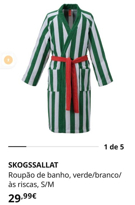 Roupão ikea skogssallat riscas verdes e brancas com cinto vermelho