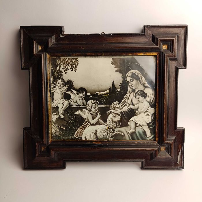 Stary oleodruk Madonna z dzieciątkiem i aniołami - lata 40/50