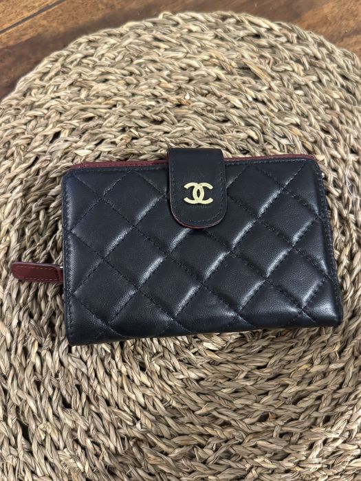 Portfel CHANEL skórzany pikowany czarno-bordowy oryginał