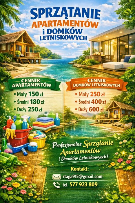 Sprzatanie apartamentow , domki letniskowe