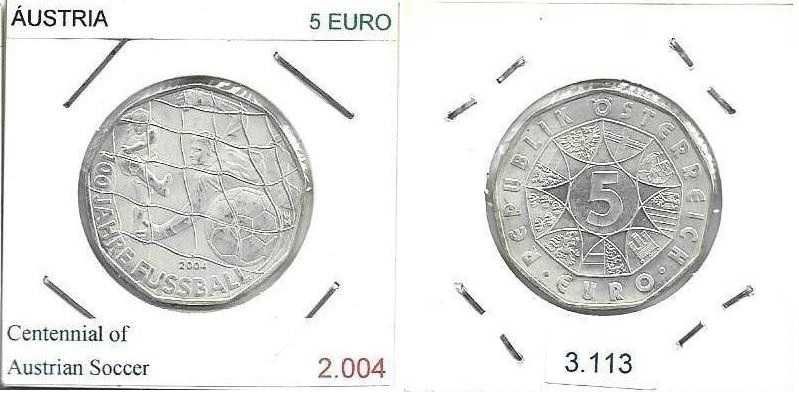 Áustria  - - 5 Euros - 2004 -- - Futebol Austríaco - - Moeda  de Prata