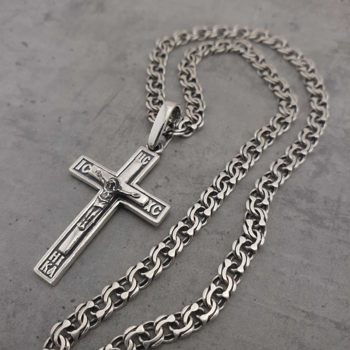Срібна цепочка чоловіча Бісмарк з прямим хрестиком 925 проба