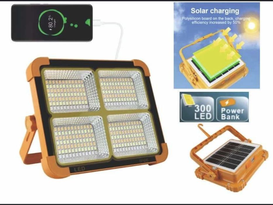 Ліхтар-Прожектор повербанк Акумуляторний фонарь  LED З Сонячна  панель