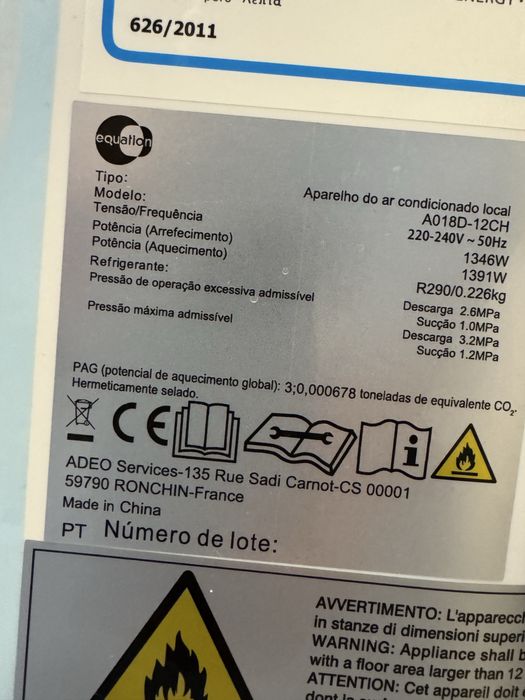 Ar condicionado  portatil 12.000 btu quente e frio equation A018D-12ch
