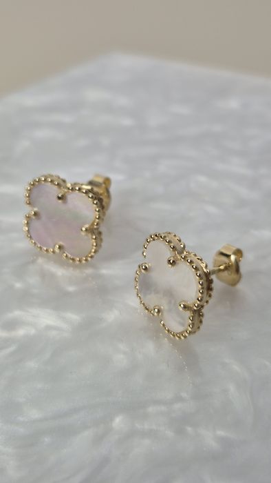 Nowe złote kolczyki typu VanCleef koniczynka masa perłowa wkręty 585