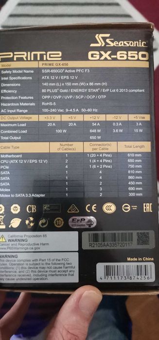 Fonte de alimentação Seasonic Prime GX-650 Fully Modular 80+ Gold