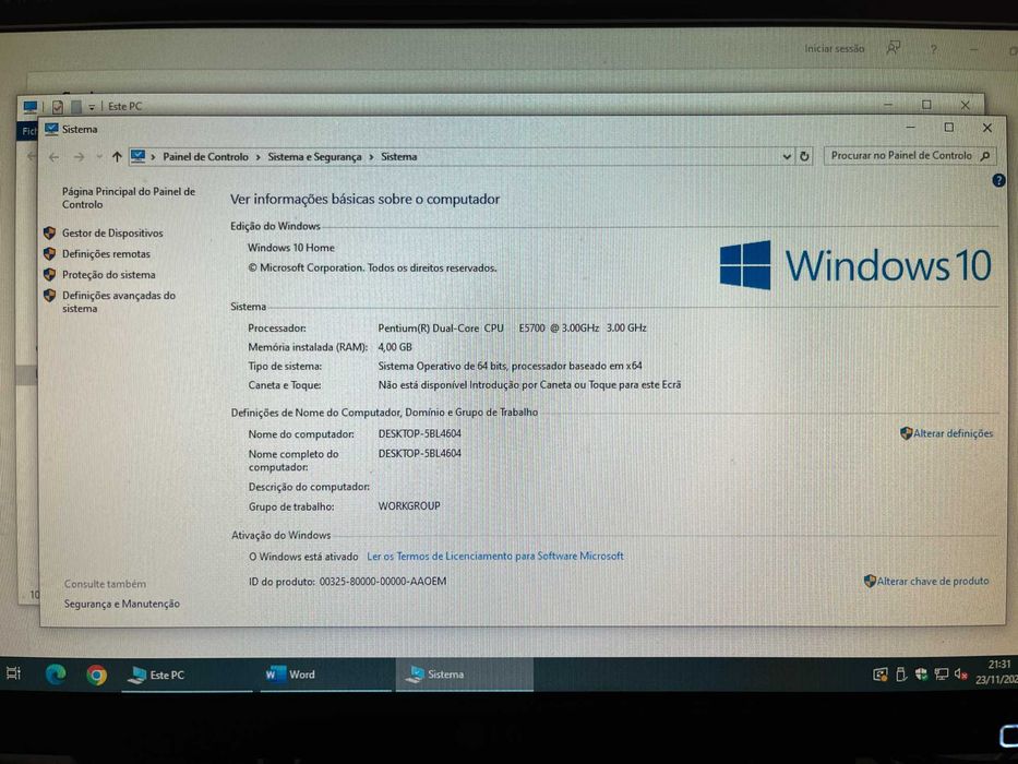 Conjunto PC Desktop + Monitor + Teclado + Rato + Cabos