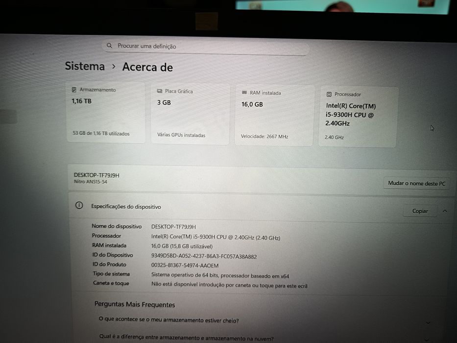 Acer nitro 5 i5 9G GEFORCE GTX 1050