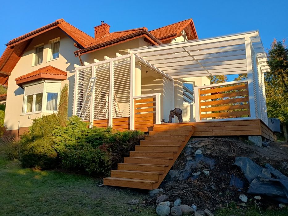 Taras drewniany, zadaszenie tarasu, architektura ogrodowa