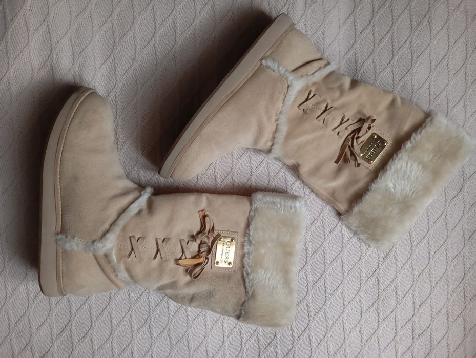 GUESS 40R beżowe zamszowe wysokie buty z futrem 26cm wkładka