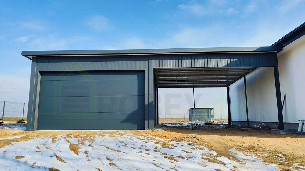 Garaż ocieplany z płyt warstwowych 4x6 + wiata 4x6 GARAŻE NA WYMIAR