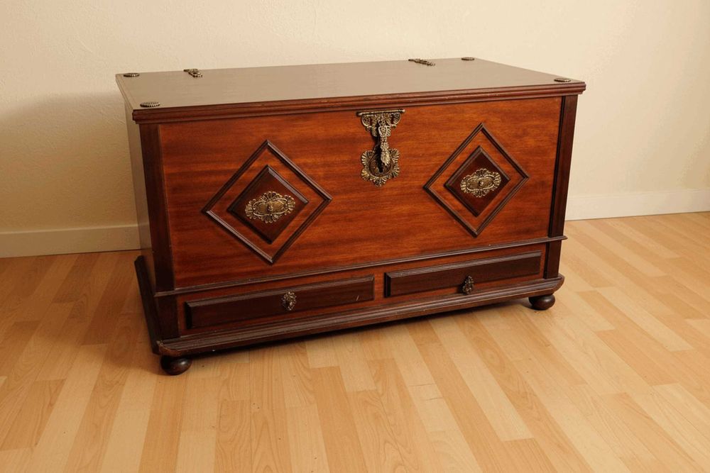 Antique Solid Wood Chest with Bronze Fittings - 105 cm