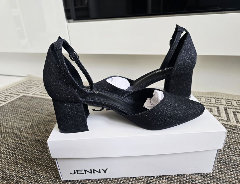 Czarne brokatowe czółenka na słupku Jenny 40