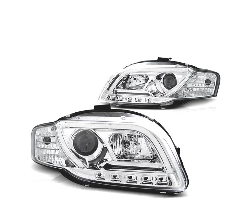 FARÓIS COM LUZ DIURNA TFL AUDI A4 B7 04-07 FUNDO CROMADO