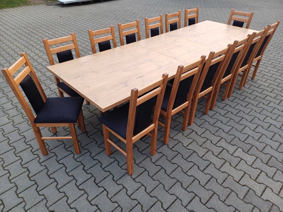 stół 244/314x103 +14 krzeseł dab lancelot okazja solidne krzesła mocne