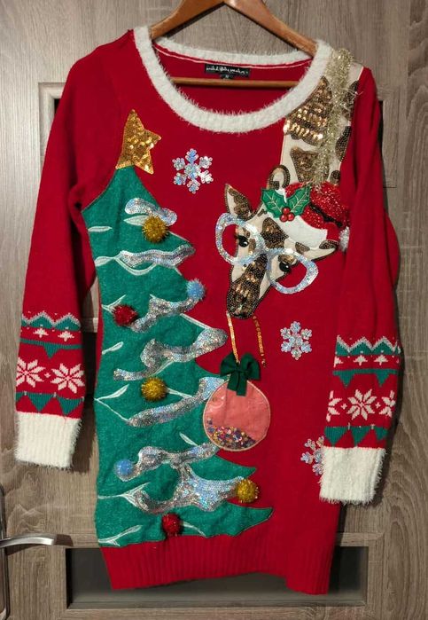 Sweter świąteczny United States Sweaters M cekiny choinka żyrafa