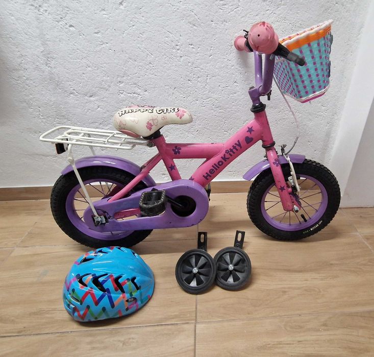 Rowerek dziecięcy 12"kółka boczne kask koszyczek