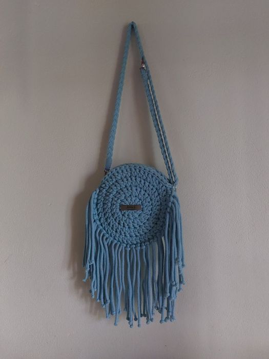 Okrągła torebka boho niebieska, handmade