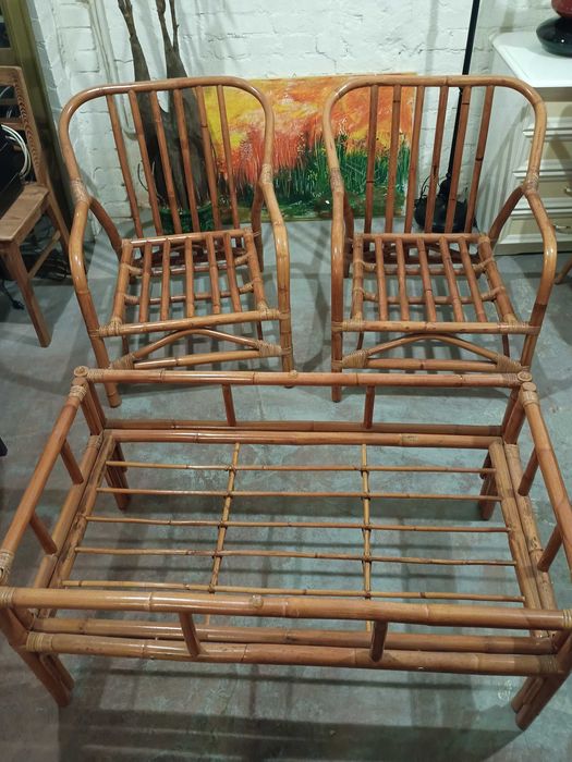 Komplet rattanowy solidny sofa z fotelami i ławą