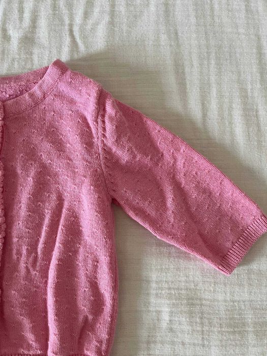Casaco de malha rosa com pontos rendados e botões, bebé, 0 meses