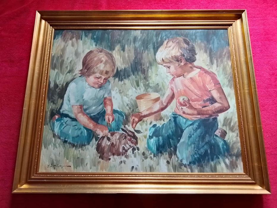Stary obraz na płótnie sygnowany dzieci  .