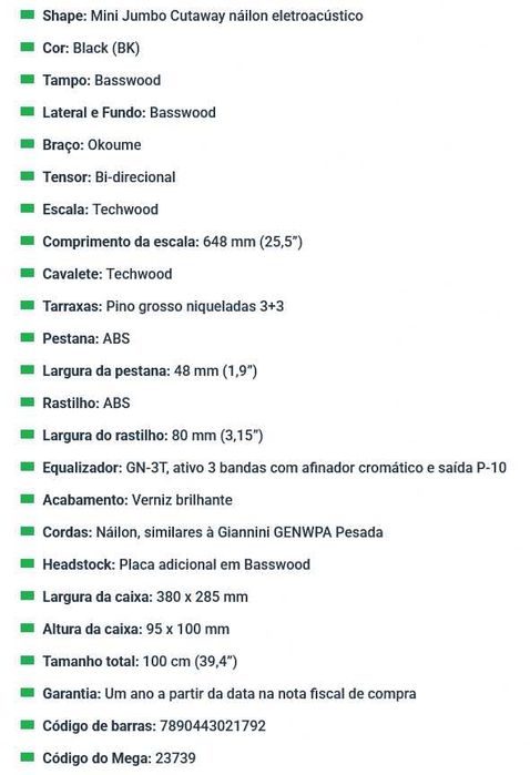 violão elétrico cordas nylon GIANNINI cutaway