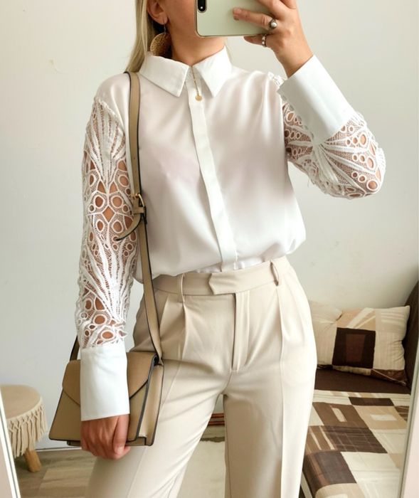 Koszula damska biała rękawy koronkowe elegancka L