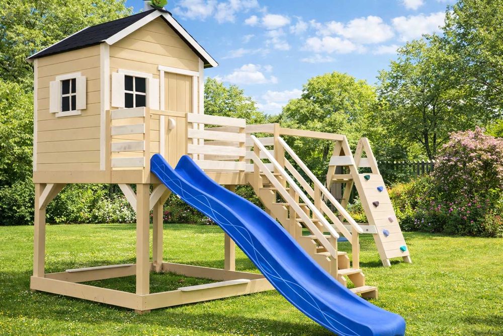 Plac zabaw Domek na powiększonym podeście z huśtawkami i ścianką wsp.