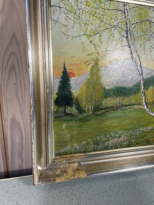 Pejzaż olejny ręcznie malowany brzozy zieleń