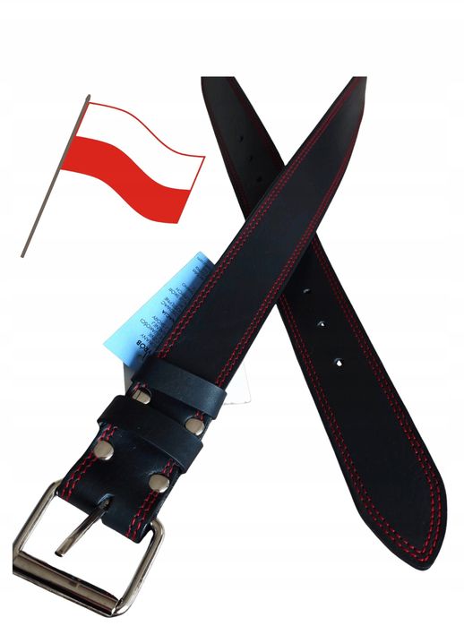 Piękny Podwójnie Szyty Czerwoną Nicią Pas Wojskowy Gruba Skóra Naturalna Licowa Czarna Dł. 135cm