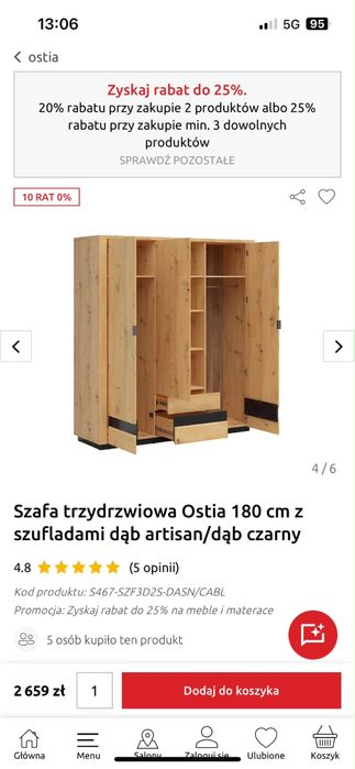Szafa Ostia 180 cm z szufladami dąb