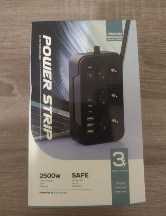 Продовжувач ,мережевий фільтр vinsem 2м, 3 розетки, 3 usb, 3 type-c .