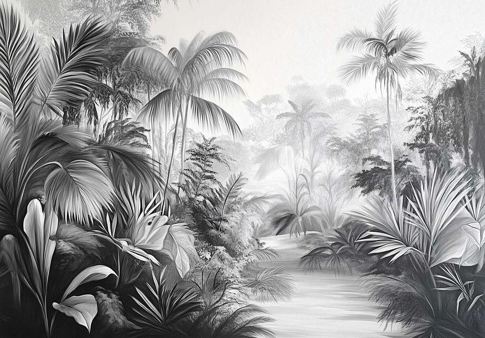 Fototapeta Czarno Biała Szarości Dżungla Drzewa Woda Tropik 3D + KLEJ