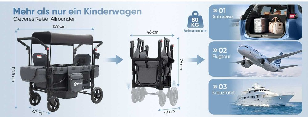 Wózek dla dwójki dzieci PREMIUM WAKACYJNY na wyjazdy FW153 uchwyt