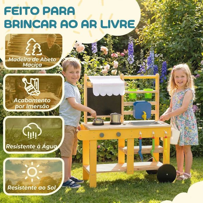 Cozinha Infantil Exterior de Madeira com Rodas Água Real Vasos Quadro e 15 Acessórios amarelo