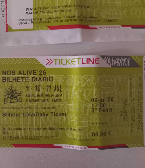 Bilhete físico para Nos Alive 9 julho