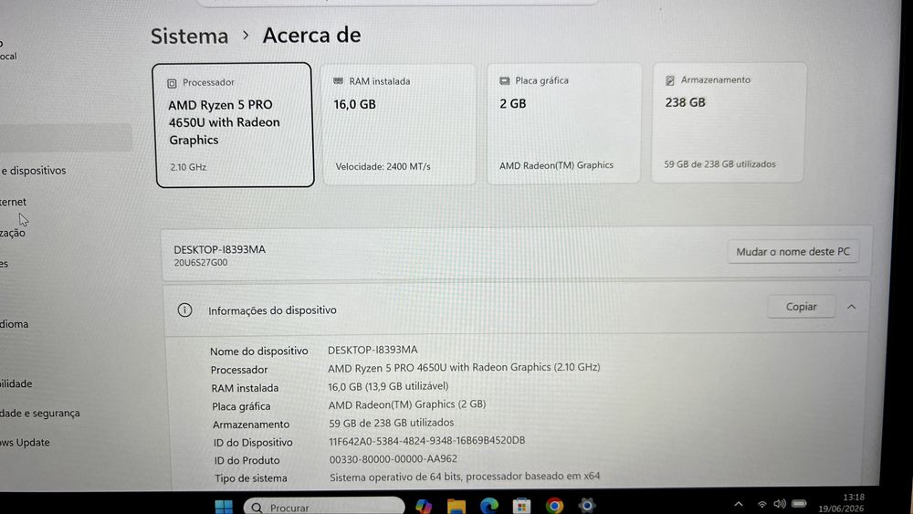 Lenovo Thinkpad L14 Tátil Ryzen 5 PRO 4650U/16Gb RAM/SSD 256Gb/Gráfica 2Gb
