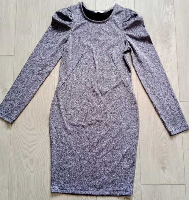 Elegancka, srebrna sukienka xs z bufkami na Sylwestra