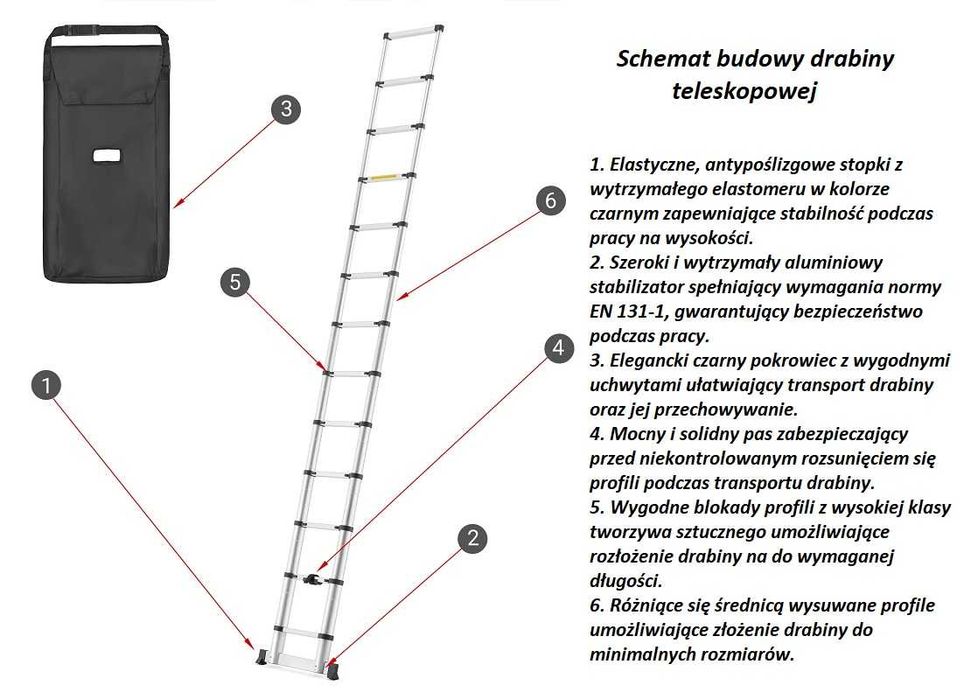 DRABINA ALUMINIOWA TELESKOPOWA przystawna o długości 380cm + torba