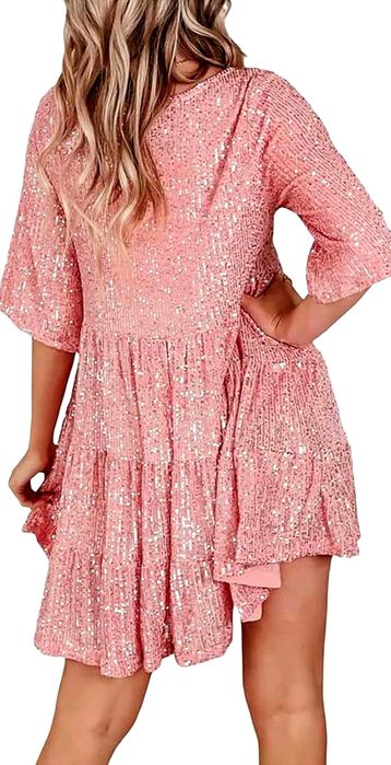 NOWA cudna sukienka z cekinów r. 5 XL - bal, wesele, impreza - różowa