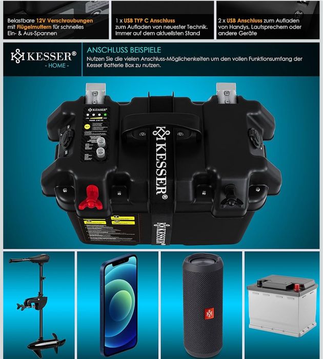 Caixa de bateria para barco, autocaravanas, tomada 12v, usb-c, usb.