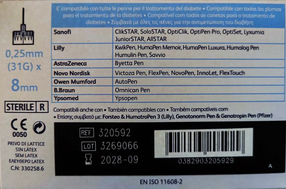 Agulhas 8mm para caneta de insulina