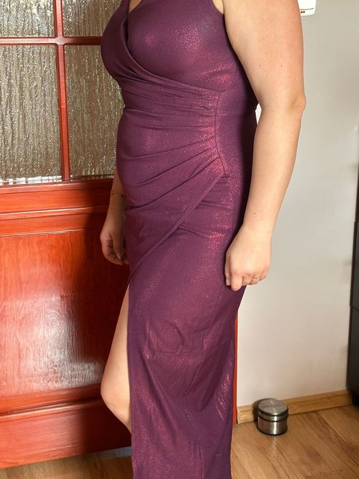 Sukienka długa wizytowa kolor śliwka z połyskiem rozmiar 44