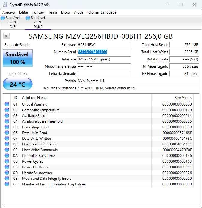 SSD NVMe M.2 256GB Samsung PM991 (100% de Saúde) portes incluídos