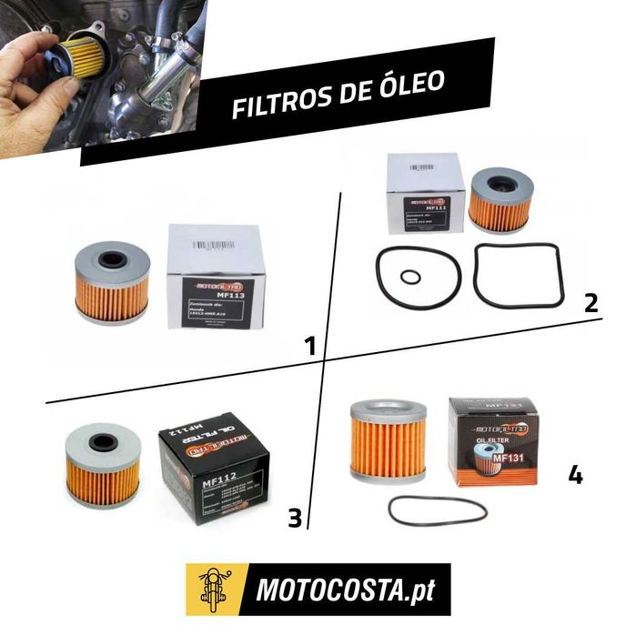 Filtros de Óleo para Motos e Motoquatro - Vários Modelos (Honda, Yamaha, Suzuki, Kawasaki, BMW, KTM e mais)
