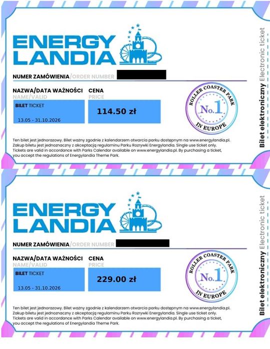 Sprzedam 2 bilety do Energylandii ważne do 31.10