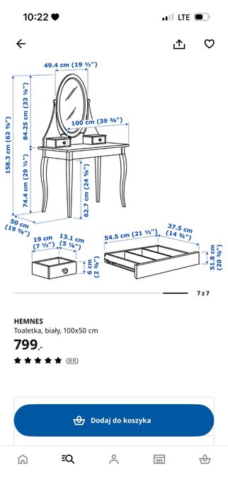 Toaletka IKEA HEMNES + krzesełko + lampka + lusterko