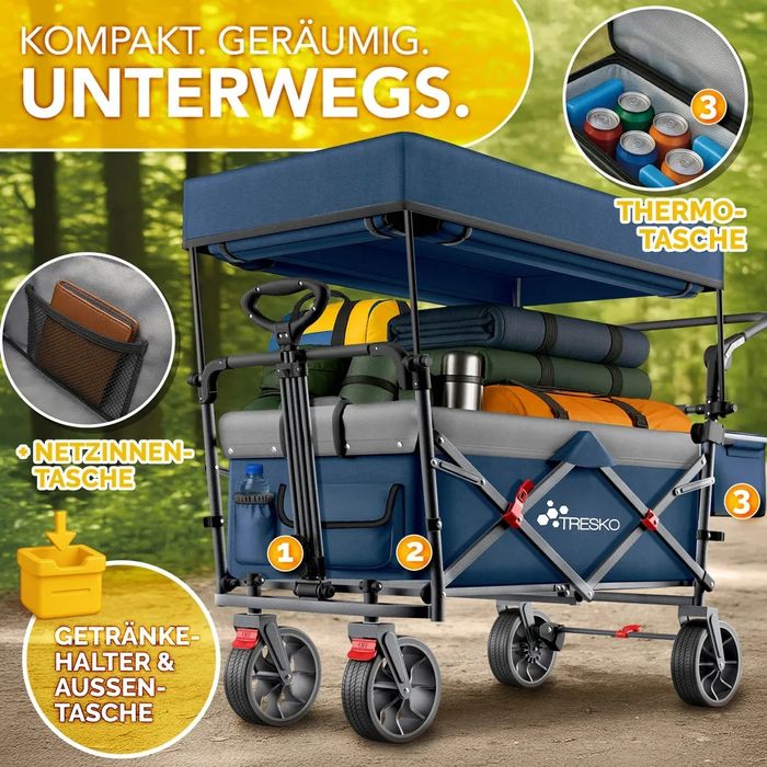 Składany wózek ręczny z niebieskim dachem, komorą chłodzącą i roletami