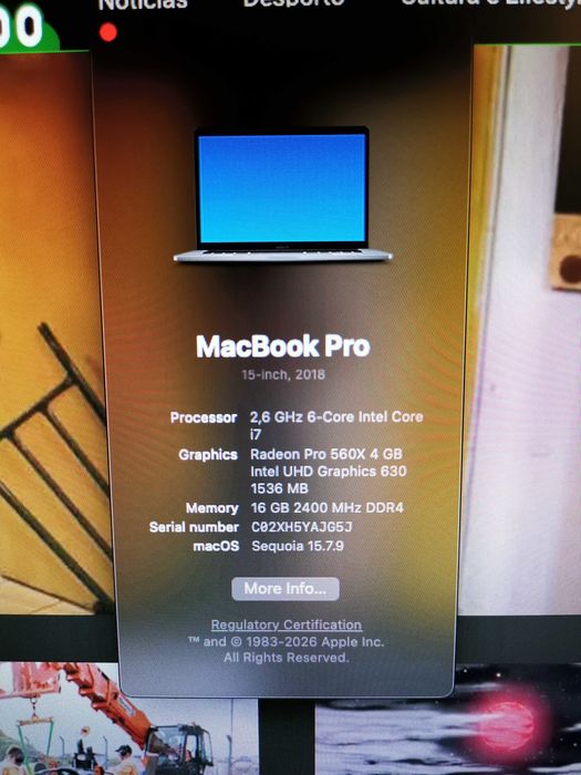 Macbook Pro 15'' 2018 16GB RAM+512GB Disco (só funciona com monitor externo)